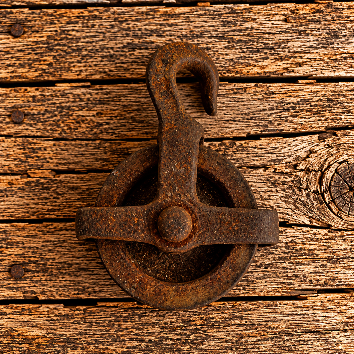 Small Rusty Cast Iron Single Pulley with Hook 1920s