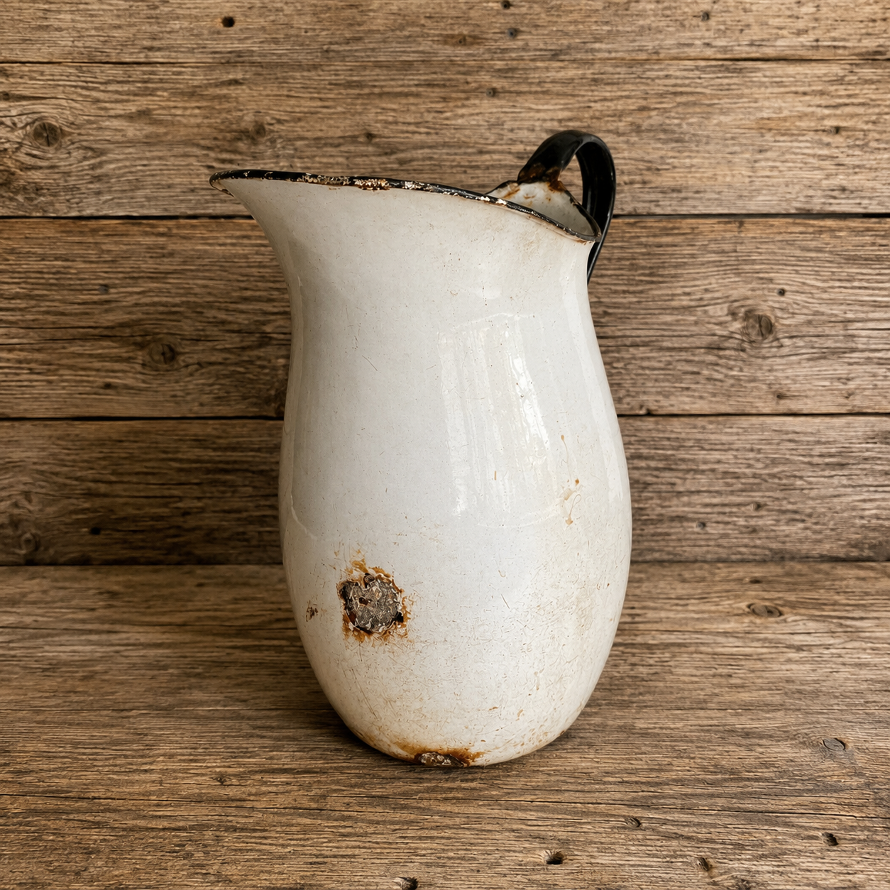Large White Enamelware Pitcher with Black Handle and Trim 1930s