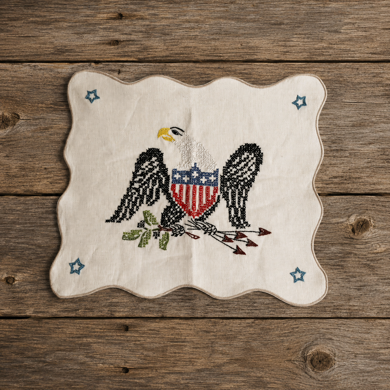 Cross-Stitch Linen Dresser Scarf of American Eagle, Patriotic Needlework 1950s