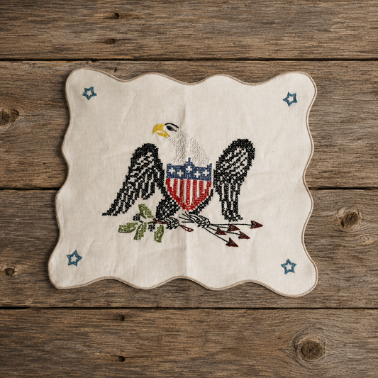 Cross-Stitch Linen Dresser Scarf of American Eagle, Patriotic Needlework 1950s