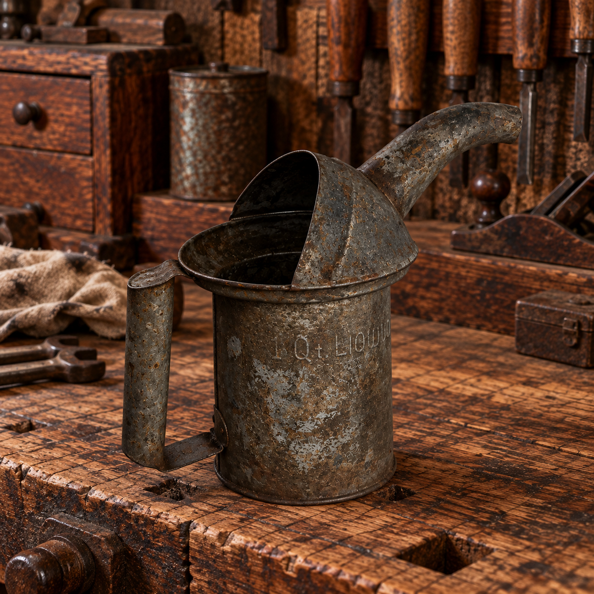 Rusty Metal 1 QT Oil Cans with Spout and Handle, Choice, 1950s