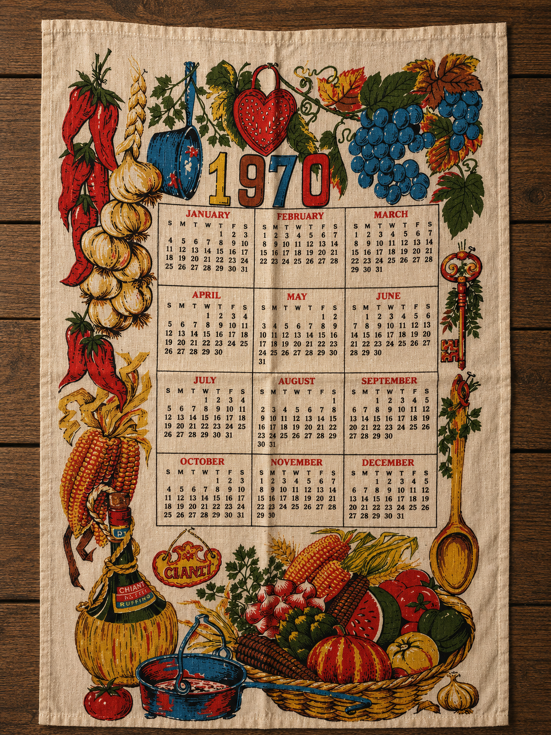 Linen Calendar Towels 1970s, Choice, Kitchen Collectibles