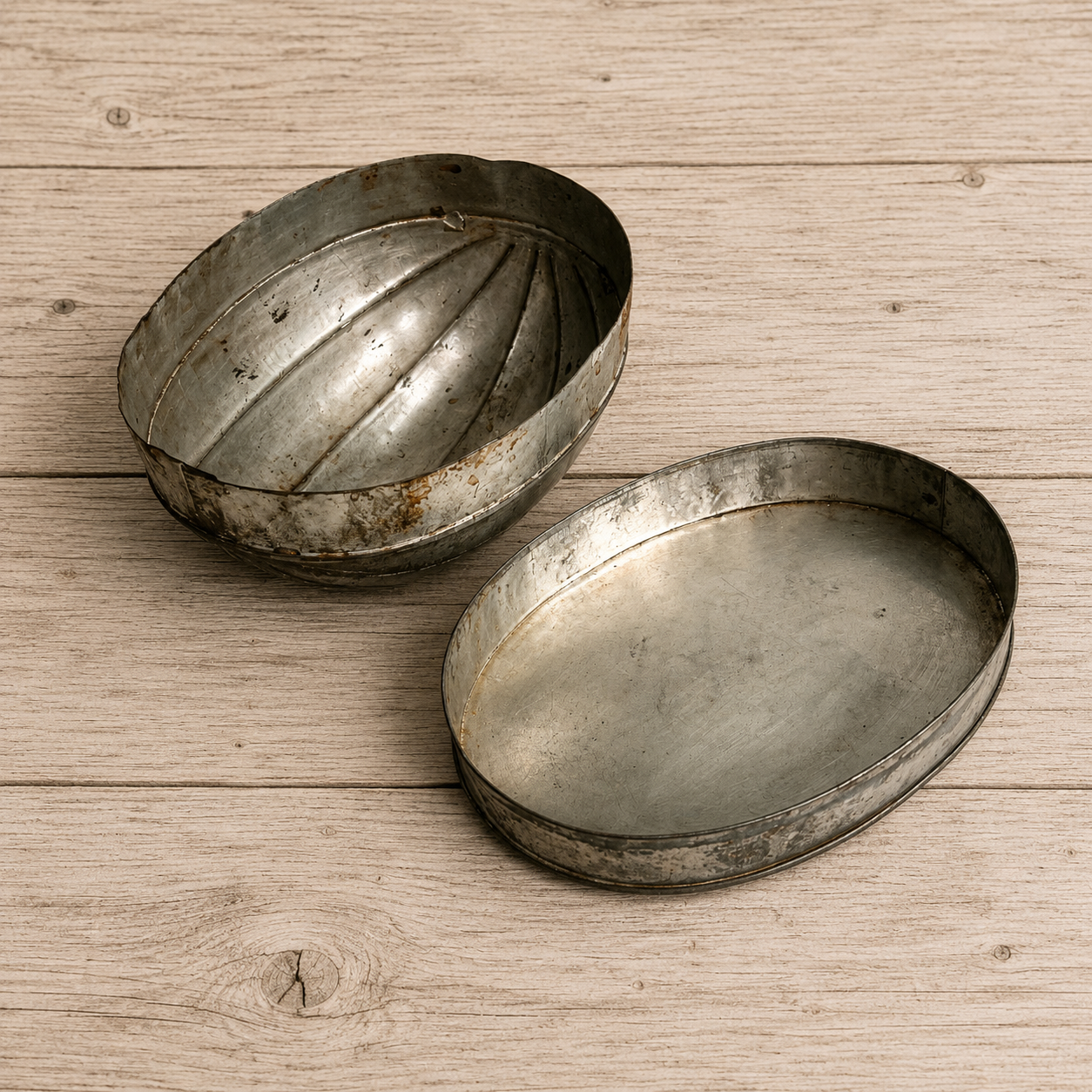 Tin Melon Steamed Pudding Mold, Ribbed 2pc Primitive Oval Pan, 1920s