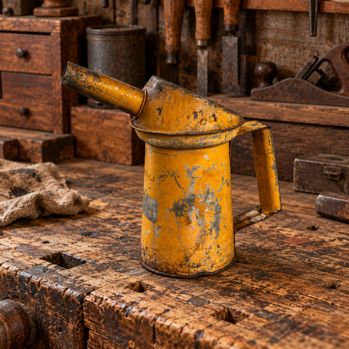 Rusty Metal 1 QT Oil Cans with Spout and Handle, Choice, 1950s