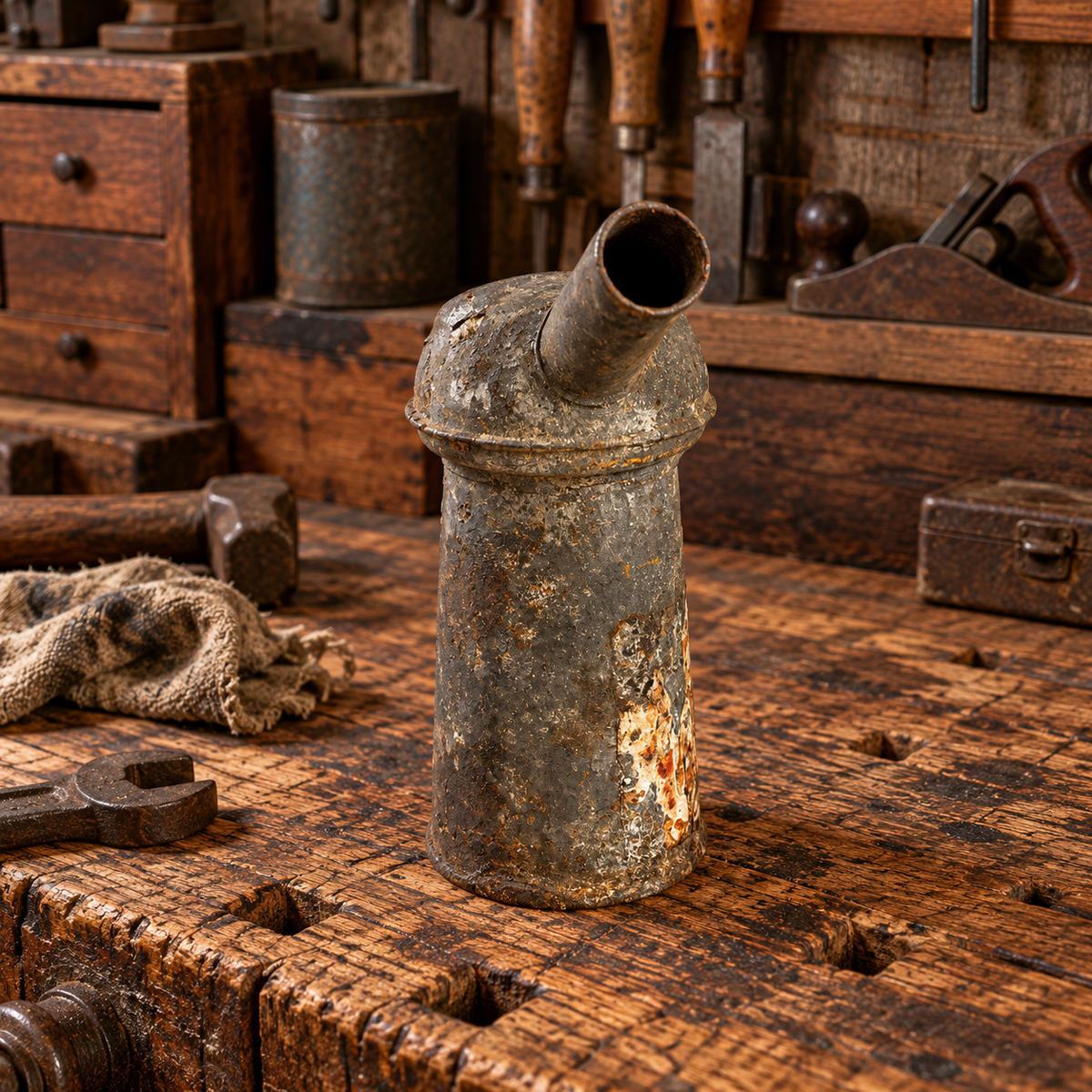 Rusty Metal 1 QT Oil Cans with Spout and Handle, Choice, 1950s
