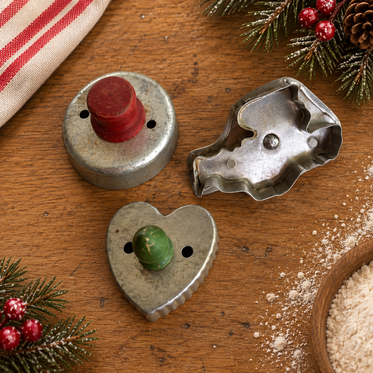 3 Vintage Cookie Cutters, Santa Heart Round with Wooden Handles, 1960s