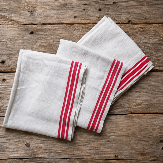 Long Linen Kitchen Towels Set of 3, French-Style White with Red Stripes Soft Hand Towels