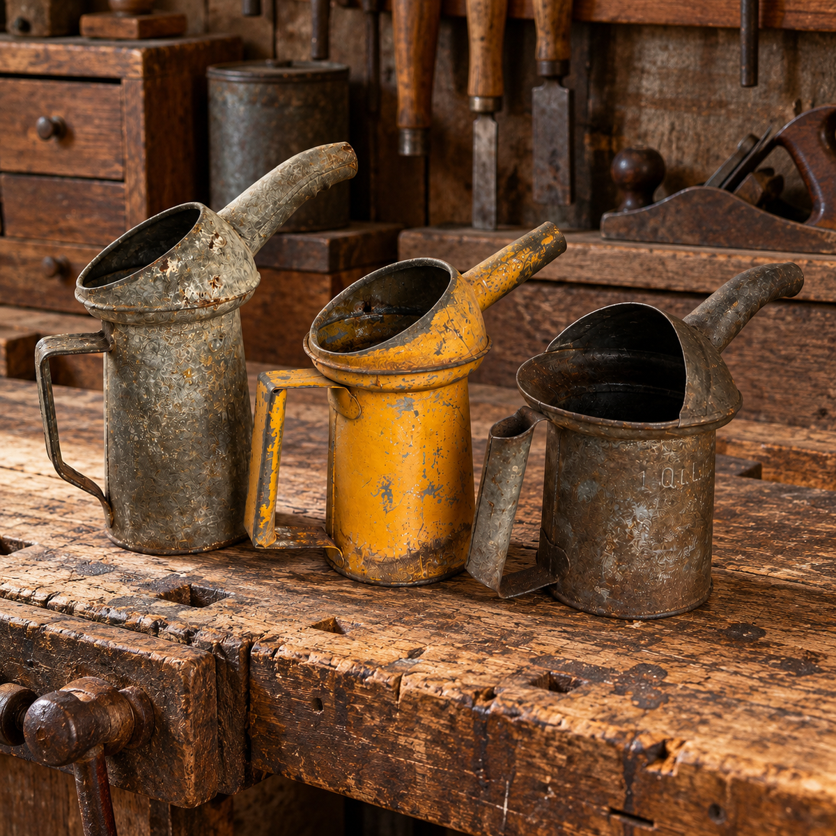 Rusty Metal 1 QT Oil Cans with Spout and Handle, Choice, 1950s