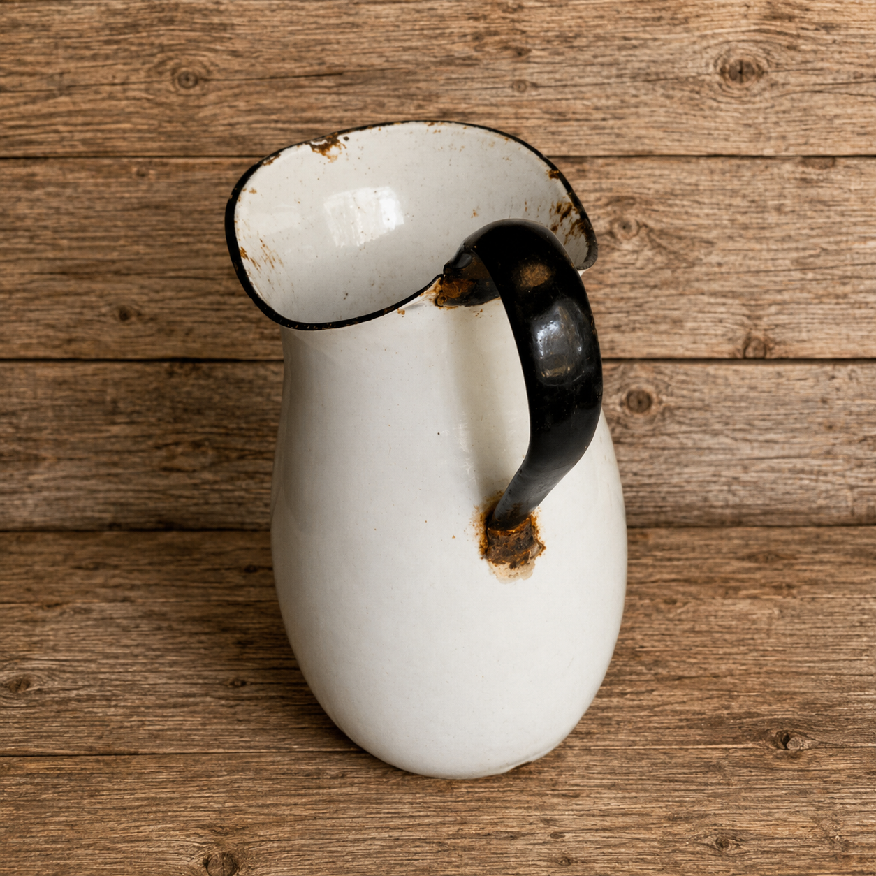 Large White Enamelware Pitcher with Black Handle and Trim 1930s