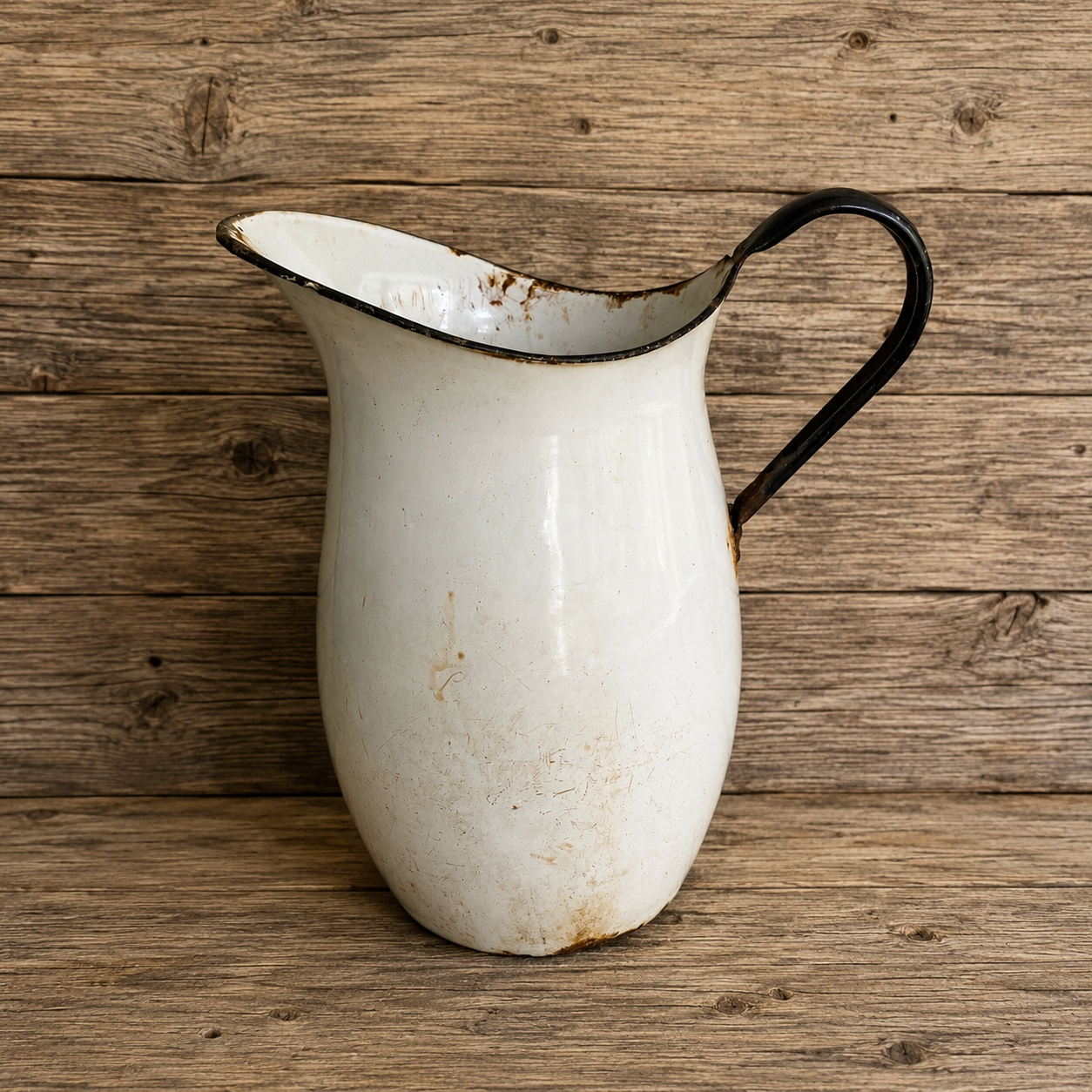 Large White Enamelware Pitcher with Black Handle and Trim 1930s