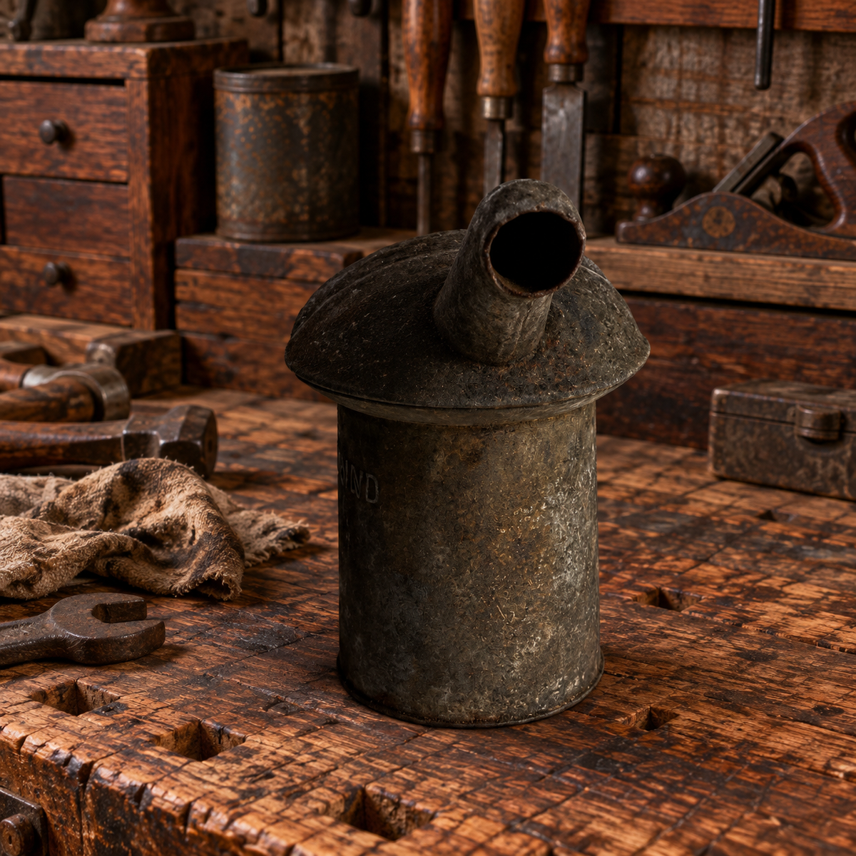 Rusty Metal 1 QT Oil Cans with Spout and Handle, Choice, 1950s