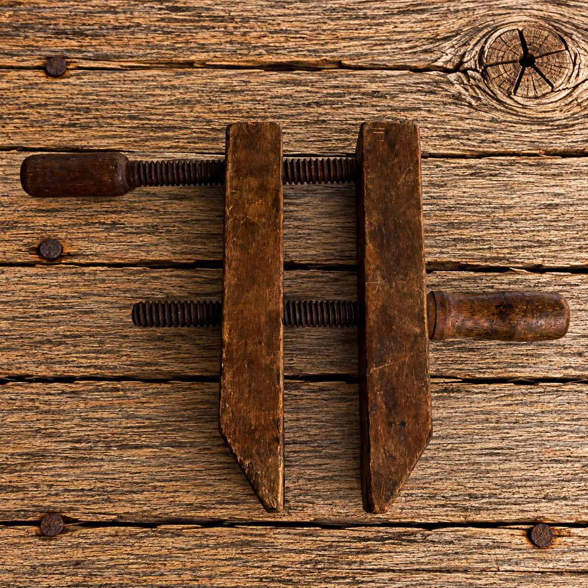 Early Solid Wood Hand Clamp with Double Wood Turn Screws 1920s
