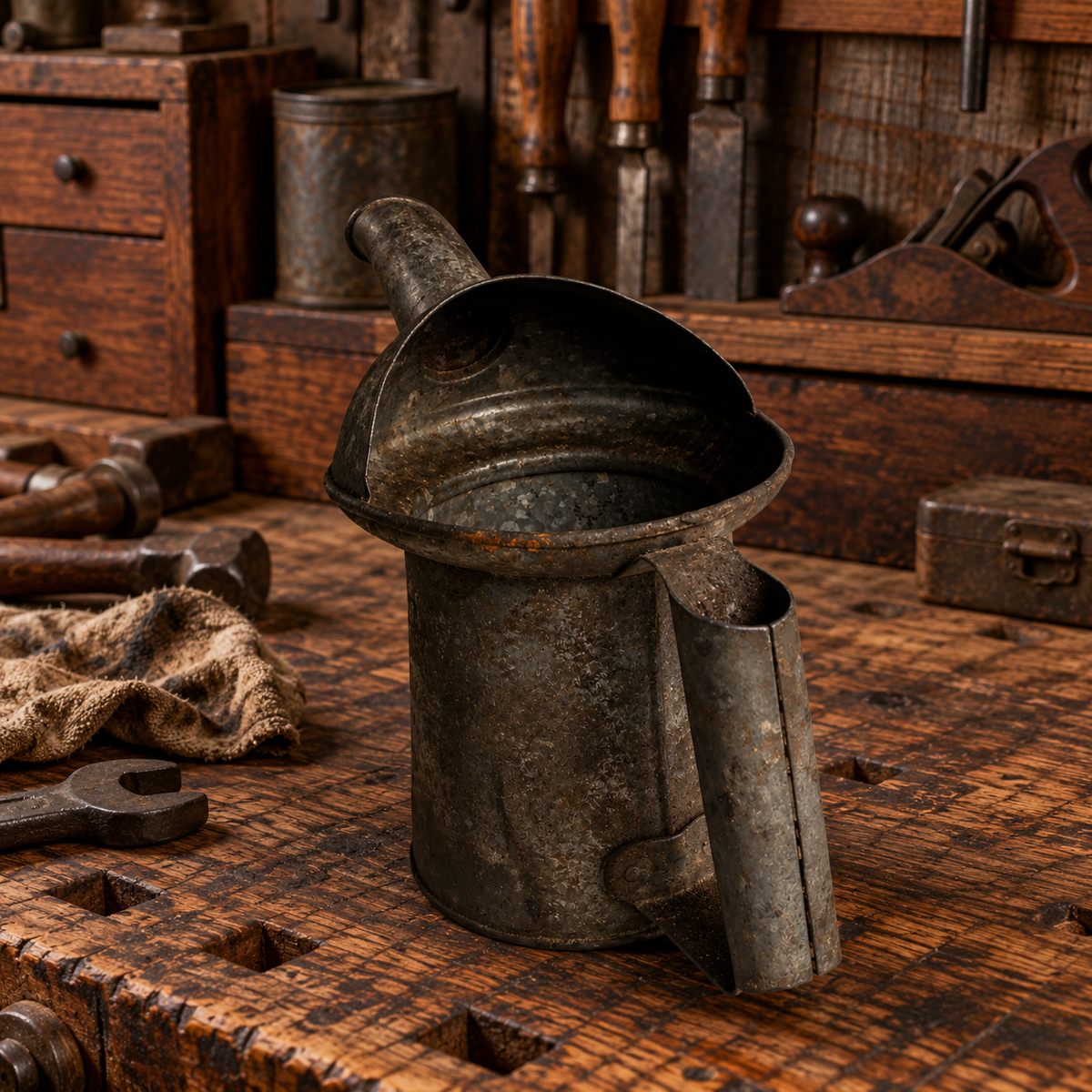 Rusty Metal 1 QT Oil Cans with Spout and Handle, Choice, 1950s