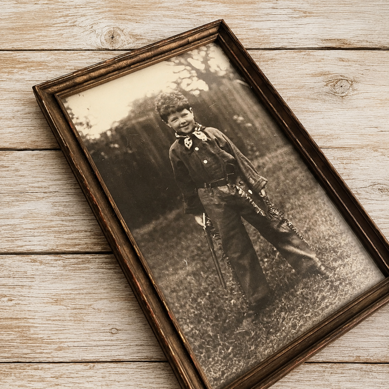 Framed Photograph of Boy in Cowboy Outfit Sepia-toned 1940s