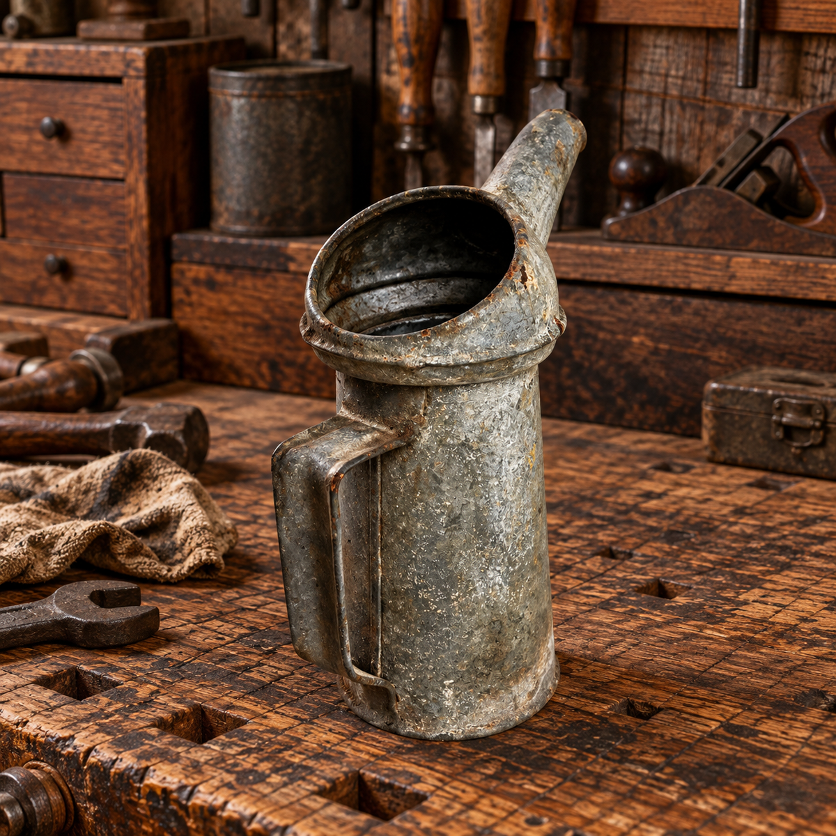 Rusty Metal 1 QT Oil Cans with Spout and Handle, Choice, 1950s