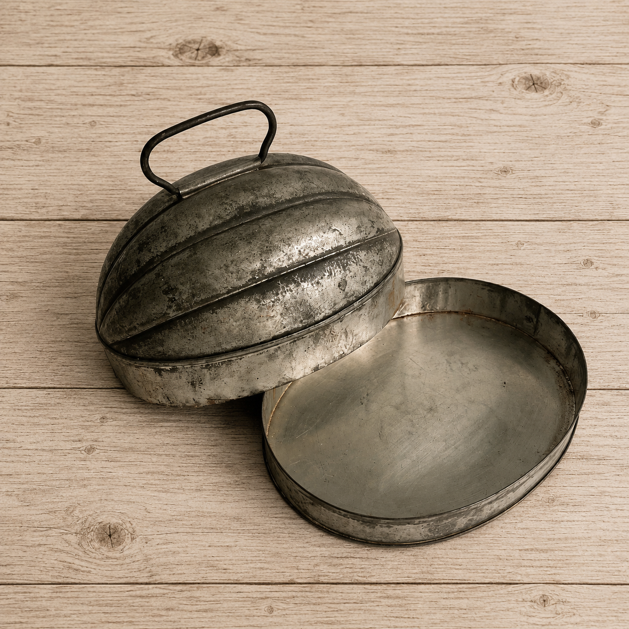 Tin Melon Steamed Pudding Mold, Ribbed 2pc Primitive Oval Pan, 1920s