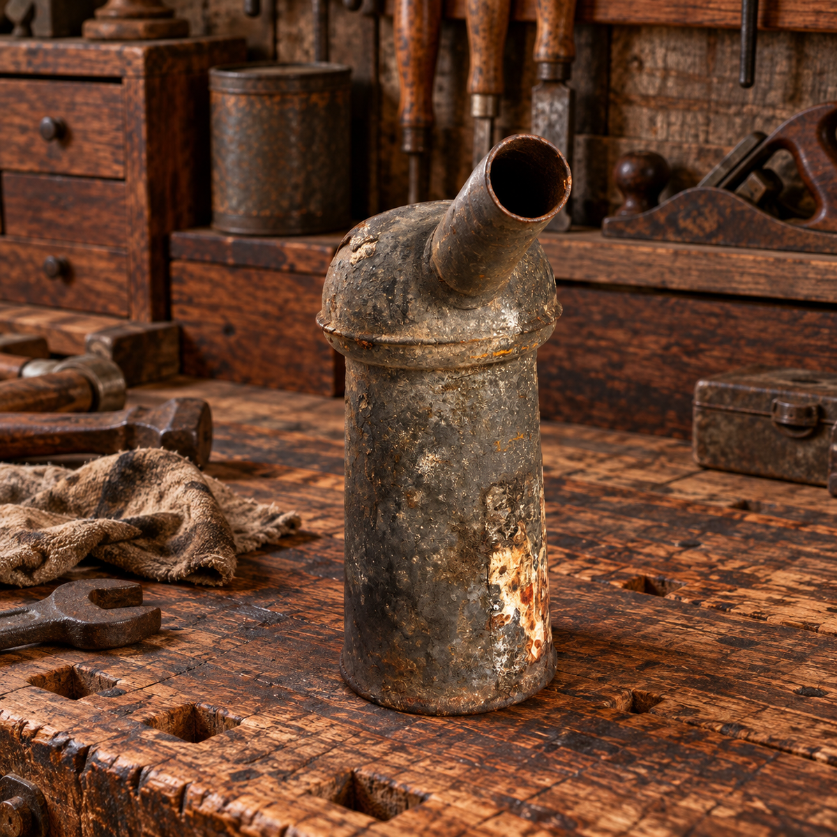 Rusty Metal 1 QT Oil Cans with Spout and Handle, Choice, 1950s