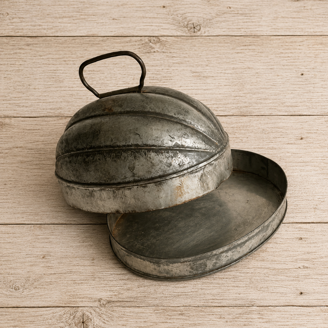 Tin Melon Steamed Pudding Mold, Ribbed 2pc Primitive Oval Pan, 1920s