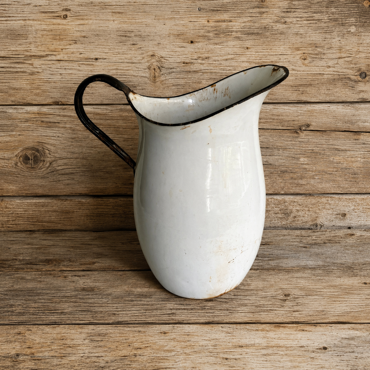 Large White Enamelware Pitcher with Black Handle and Trim 1930s