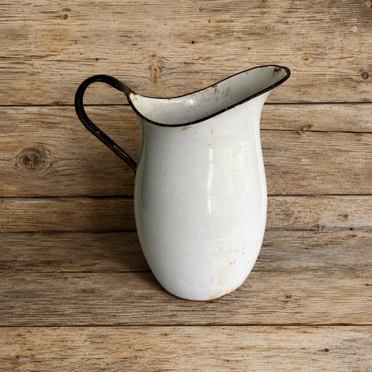 Large White Enamelware Pitcher with Black Handle and Trim 1930s