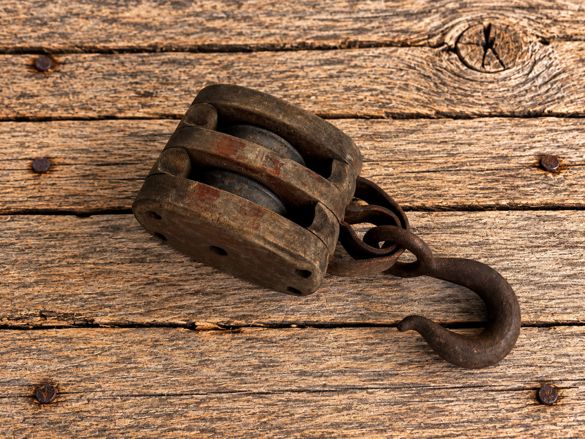 Double Barn Pulley with Hook, Cast Iron and Wood Barn Implement 1930s
