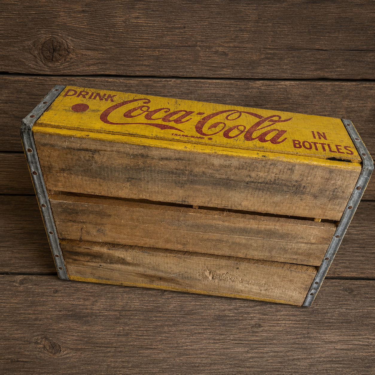 Coca-Cola Wooden Crate, Yellow with Red Lettering 1968