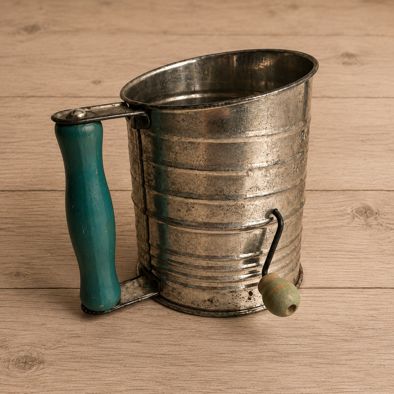 Bromwell's 5 Cup Measuring Sifter Guaranteed with Aqua Wooden Handles 1940s