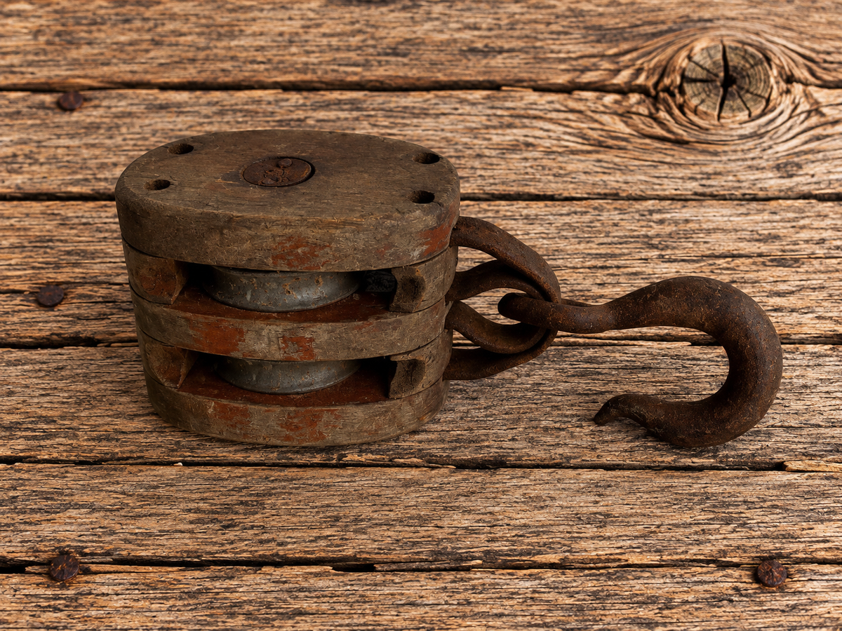 Double Barn Pulley with Hook, Cast Iron and Wood Barn Implement 1930s