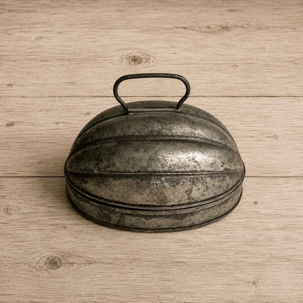 Tin Melon Steamed Pudding Mold, Ribbed 2pc Primitive Oval Pan, 1920s