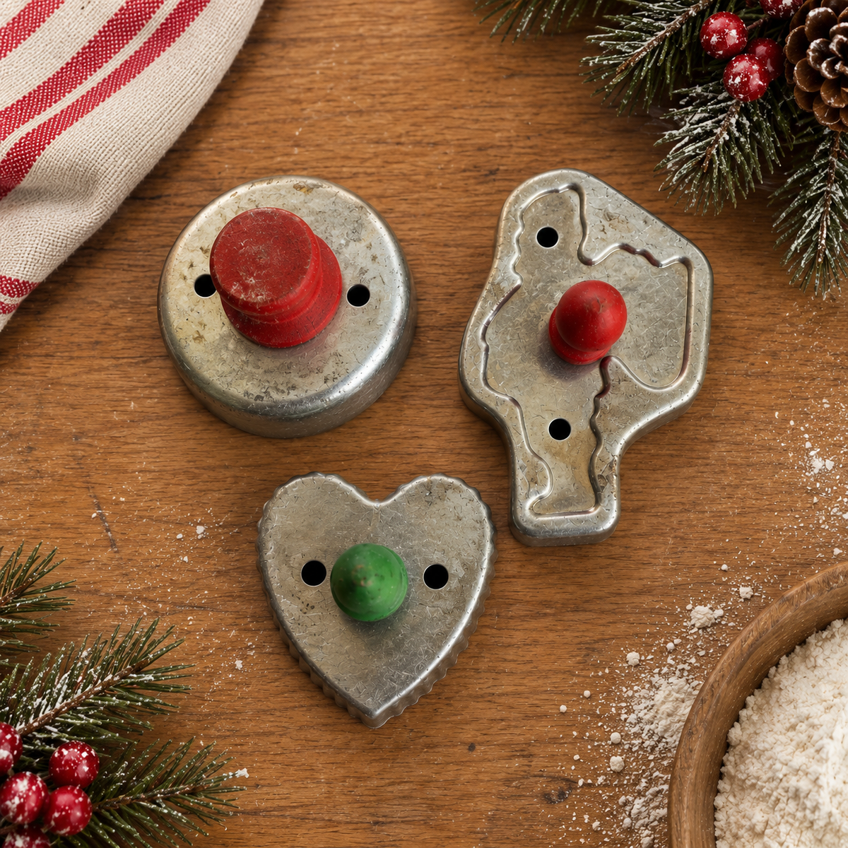 3 Vintage Cookie Cutters, Santa Heart Round with Wooden Handles, 1960s