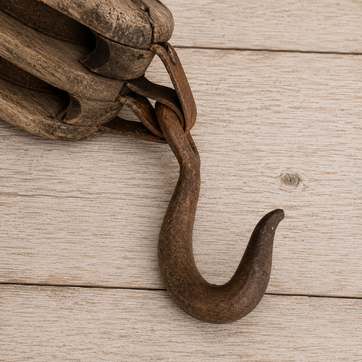 Double Barn Pulley, Rusty Iron and Wood Hook and Pulley 1930s