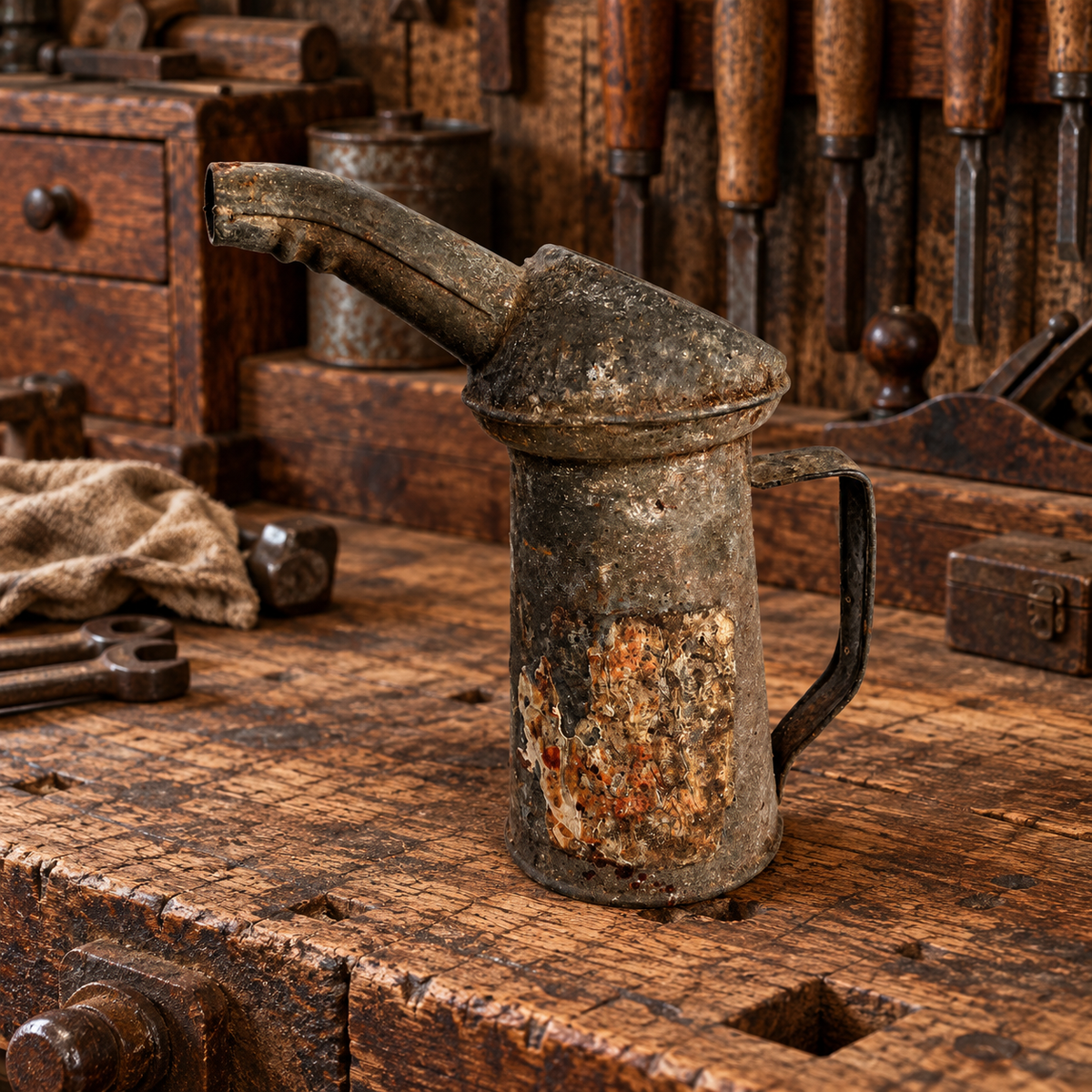 Rusty Metal 1 QT Oil Cans with Spout and Handle, Choice, 1950s