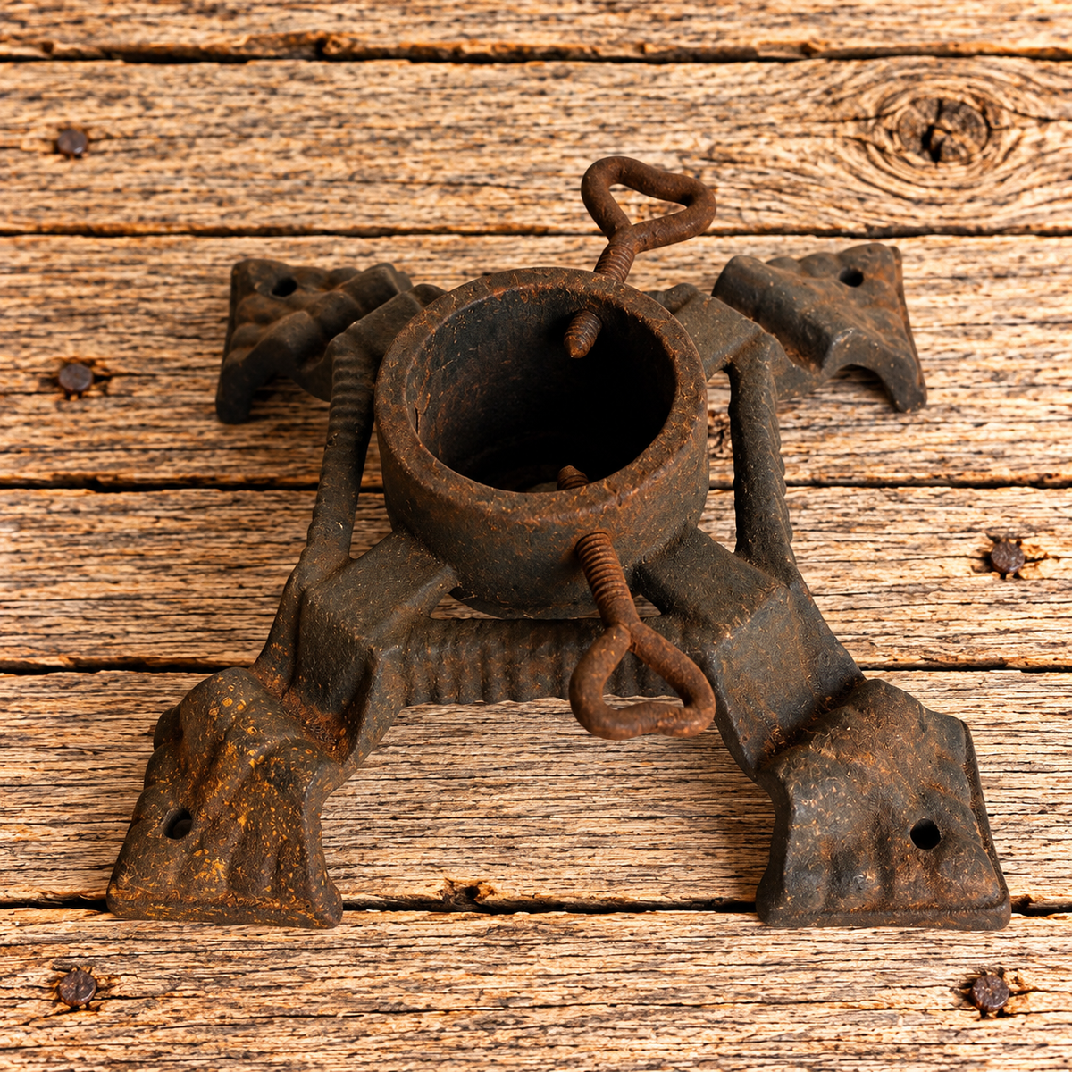 Antique Cast Iron Christmas Tree Stand, Rusty Patina Holiday Decor 1930s