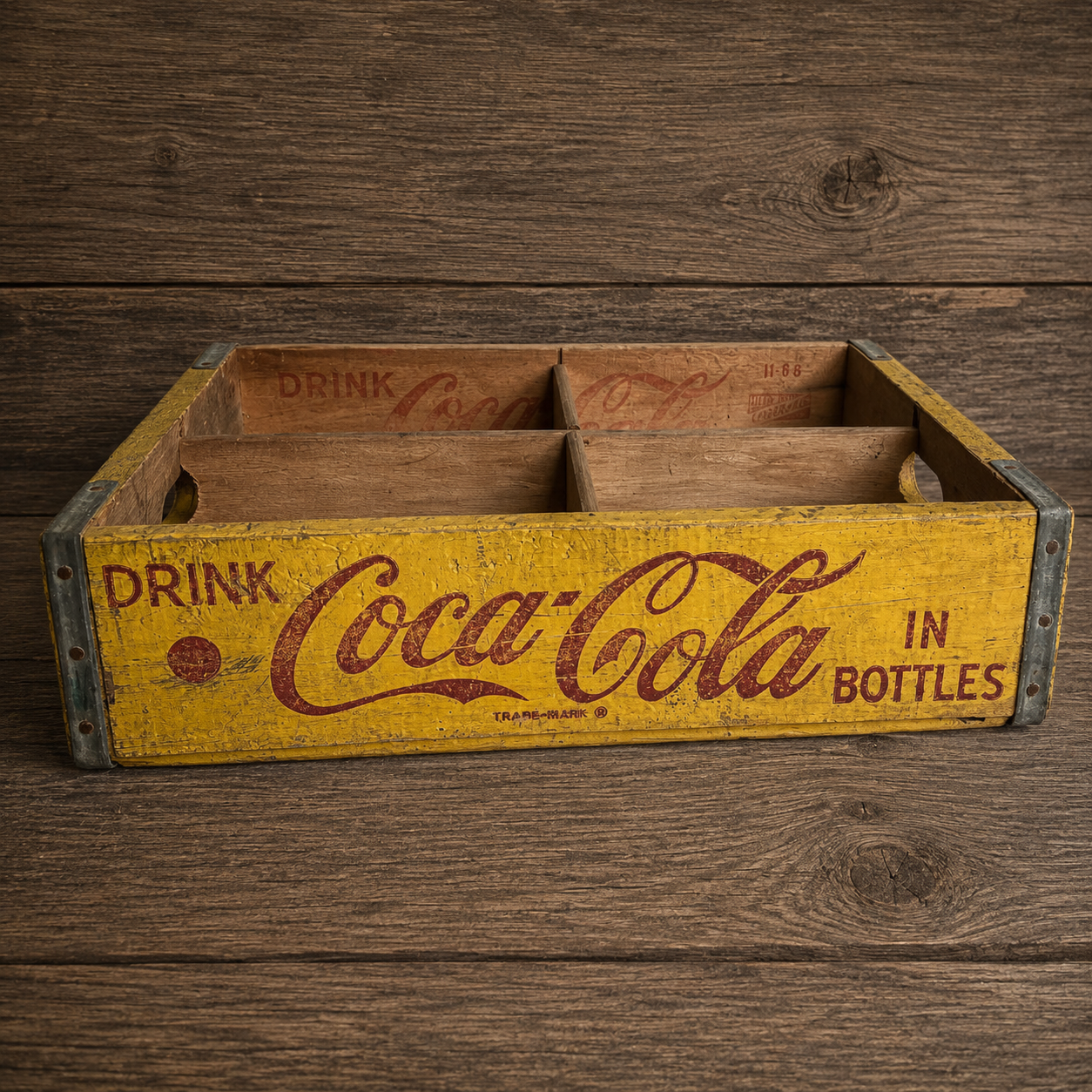Coca-Cola Wooden Crate, Yellow with Red Lettering 1968