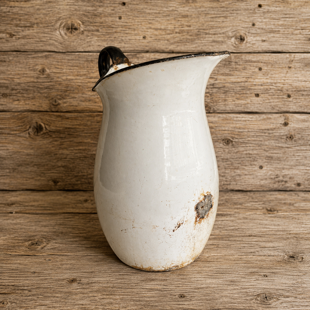 Large White Enamelware Pitcher with Black Handle and Trim 1930s