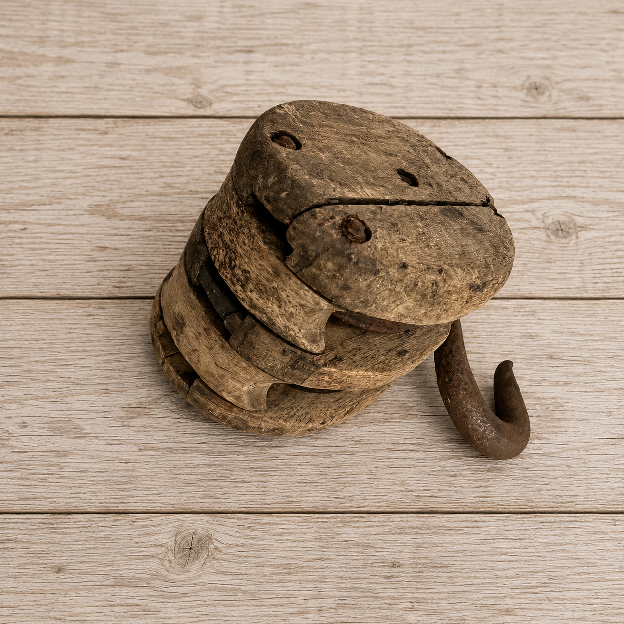 Double Barn Pulley, Rusty Iron and Wood Hook and Pulley 1930s