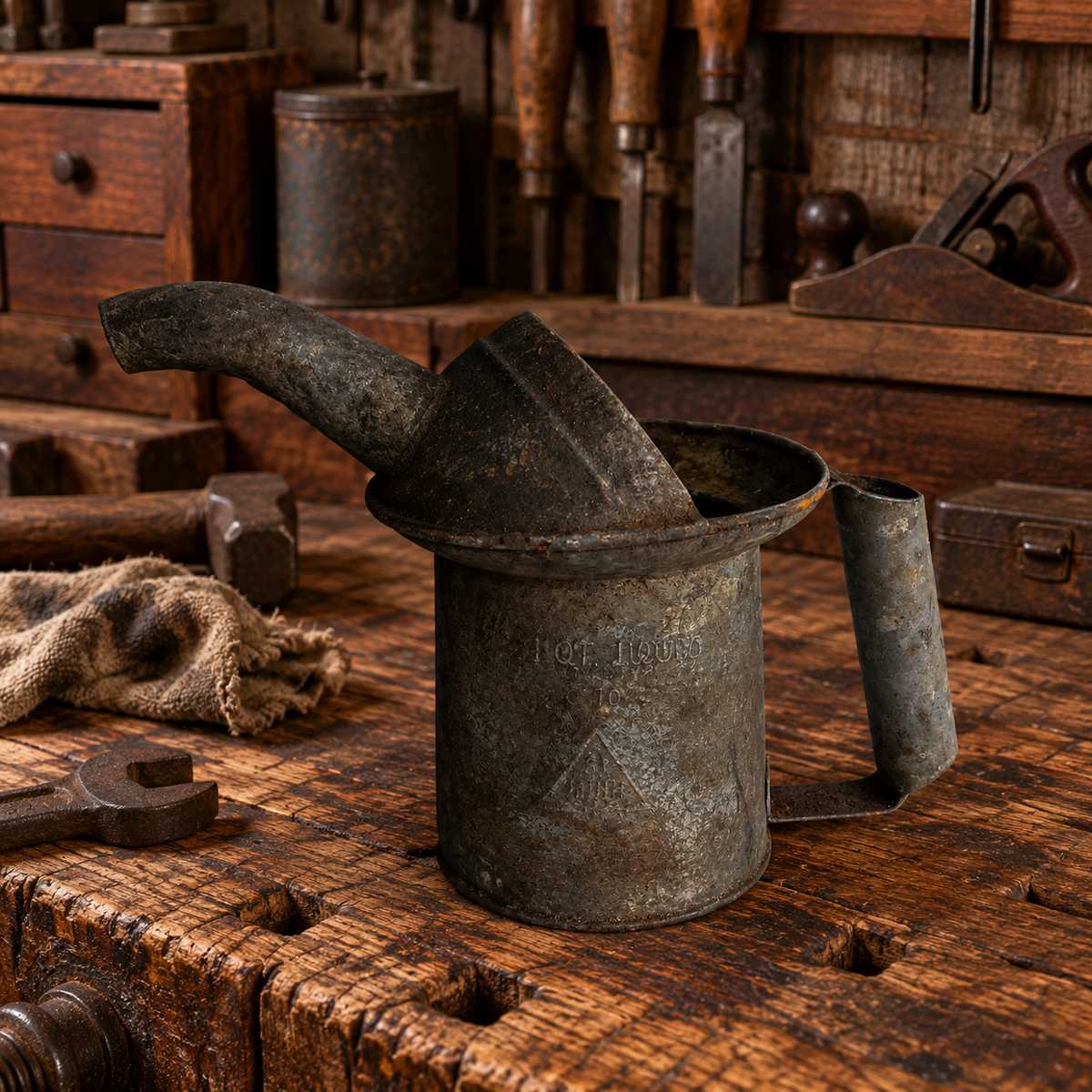 Rusty Metal 1 QT Oil Cans with Spout and Handle, Choice, 1950s