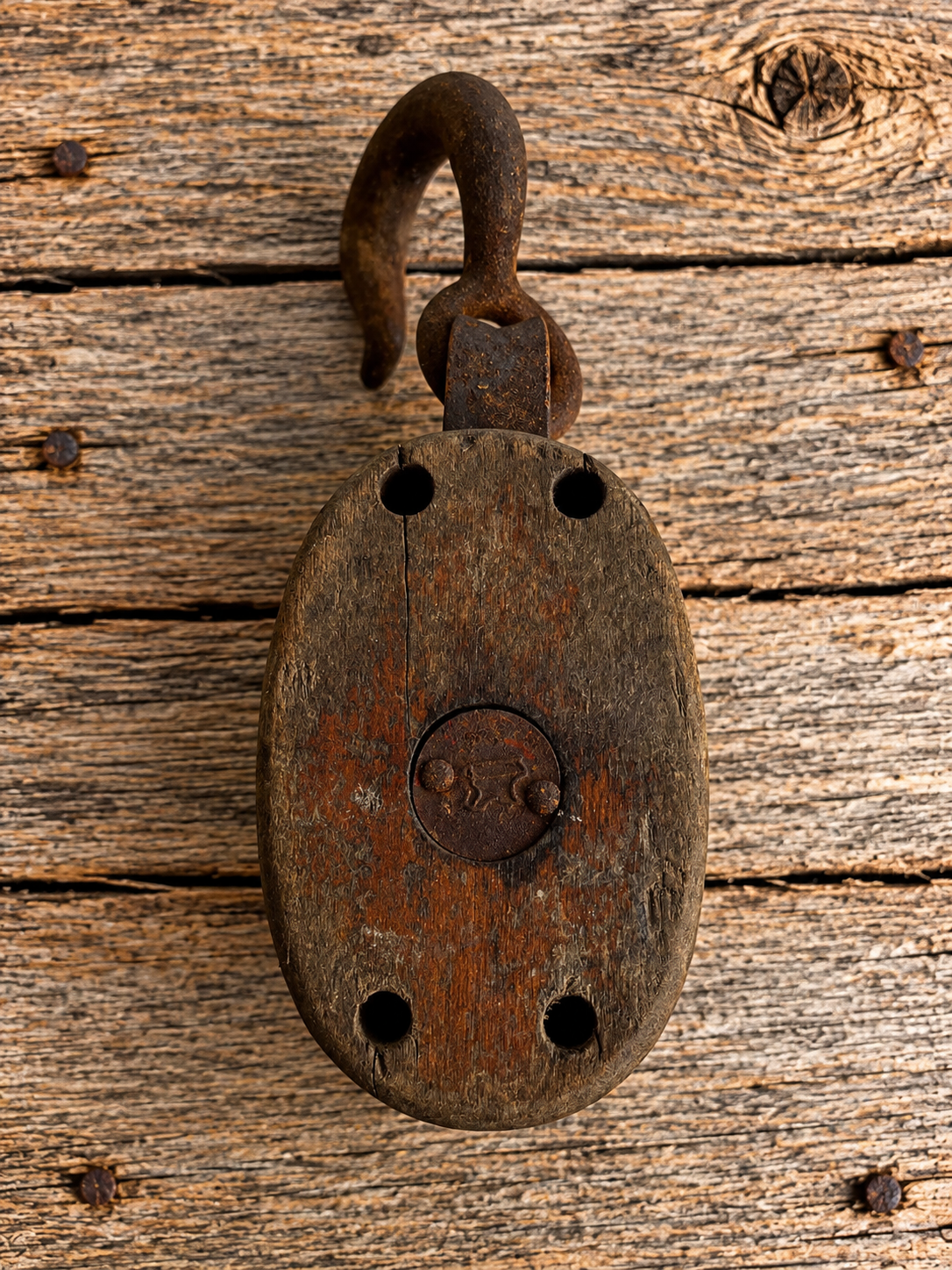 Double Barn Pulley with Hook, Cast Iron and Wood Barn Implement 1930s