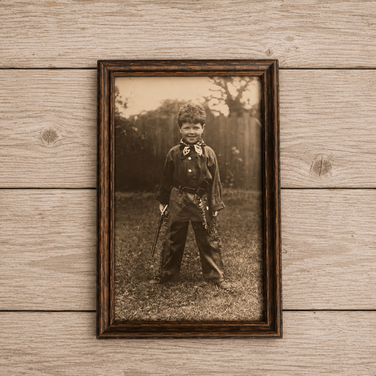 Framed Photograph of Boy in Cowboy Outfit Sepia-toned 1940s