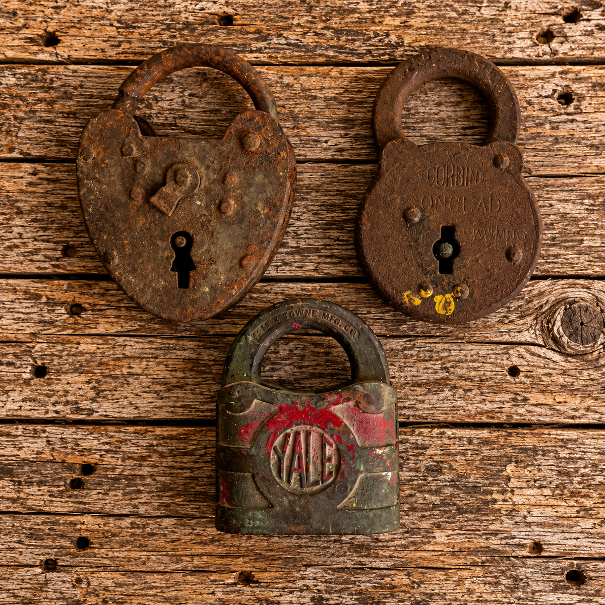 3 Vintage Padlocks, Rusty without Keys, Yale Corbin Heart 1930s