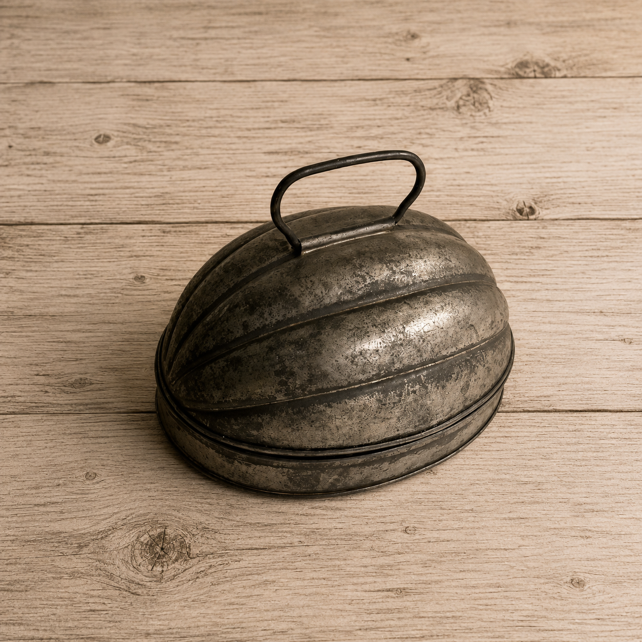 Tin Melon Steamed Pudding Mold, Ribbed 2pc Primitive Oval Pan, 1920s
