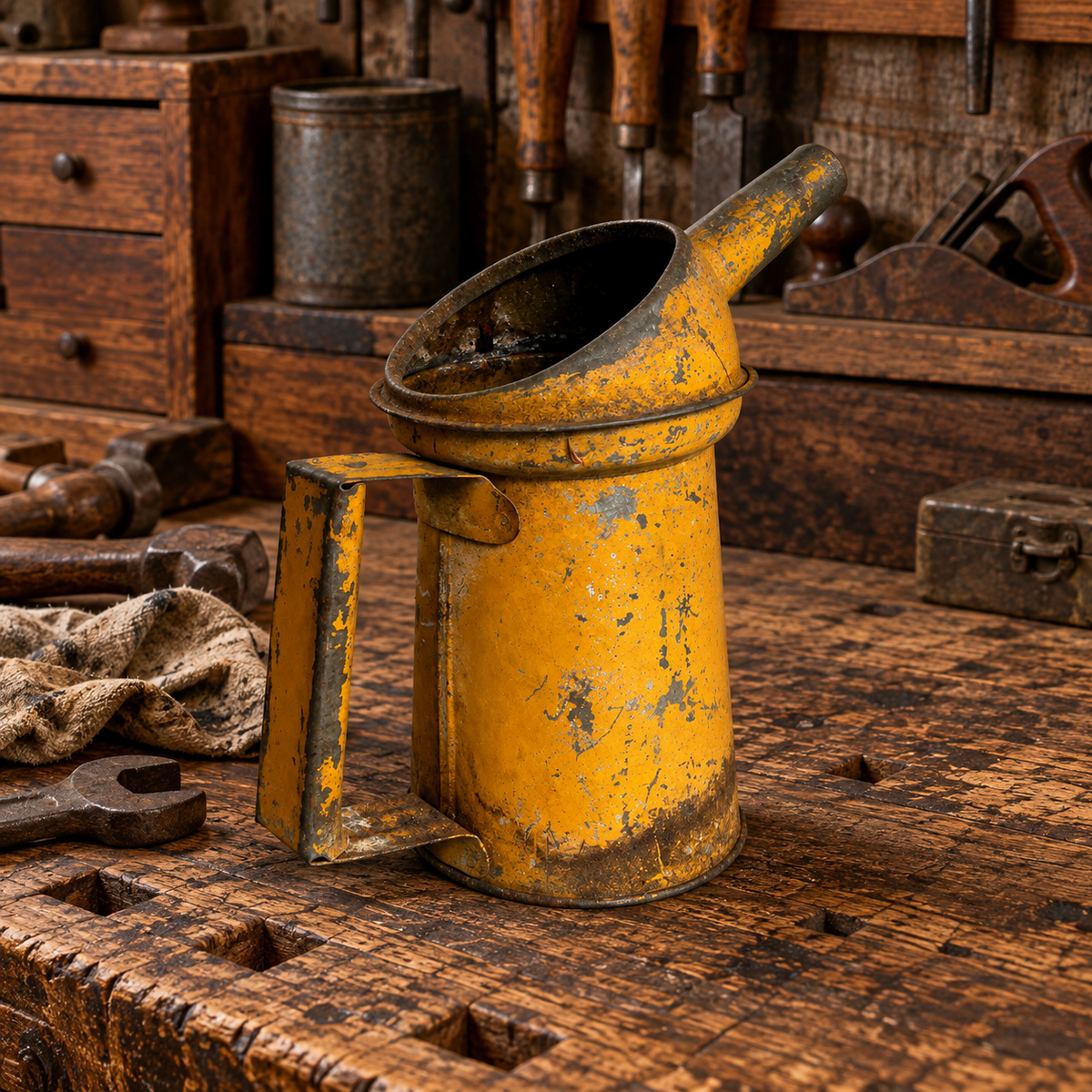 Rusty Metal 1 QT Oil Cans with Spout and Handle, Choice, 1950s