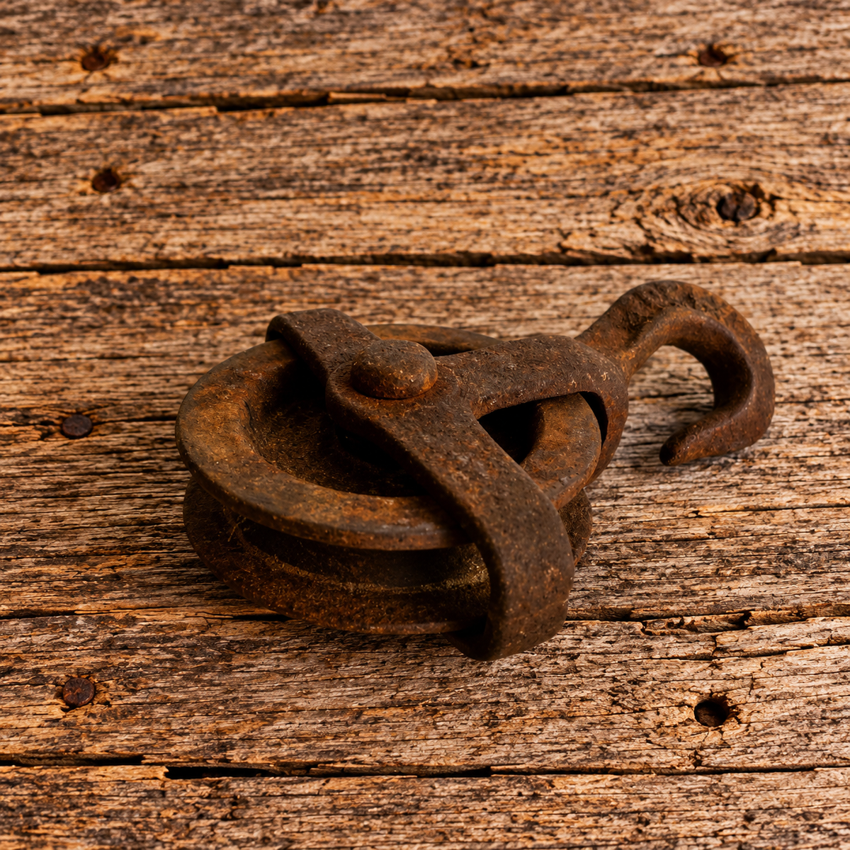 Small Rusty Cast Iron Single Pulley with Hook 1920s