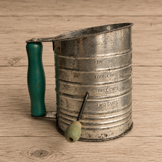 Bromwell's 5 Cup Measuring Sifter Guaranteed with Aqua Wooden Handles 1940s
