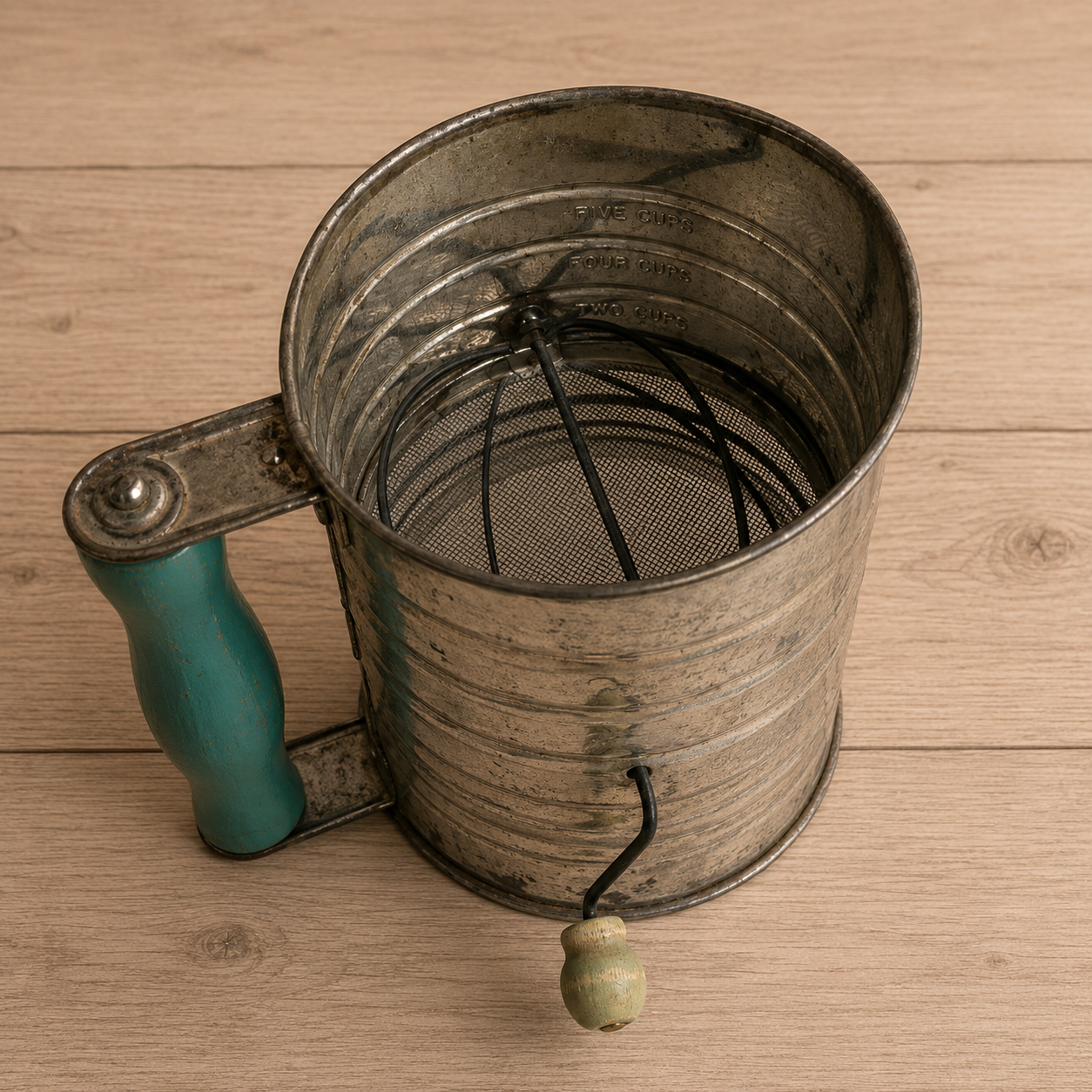 Bromwell's 5 Cup Measuring Sifter Guaranteed with Aqua Wooden Handles 1940s