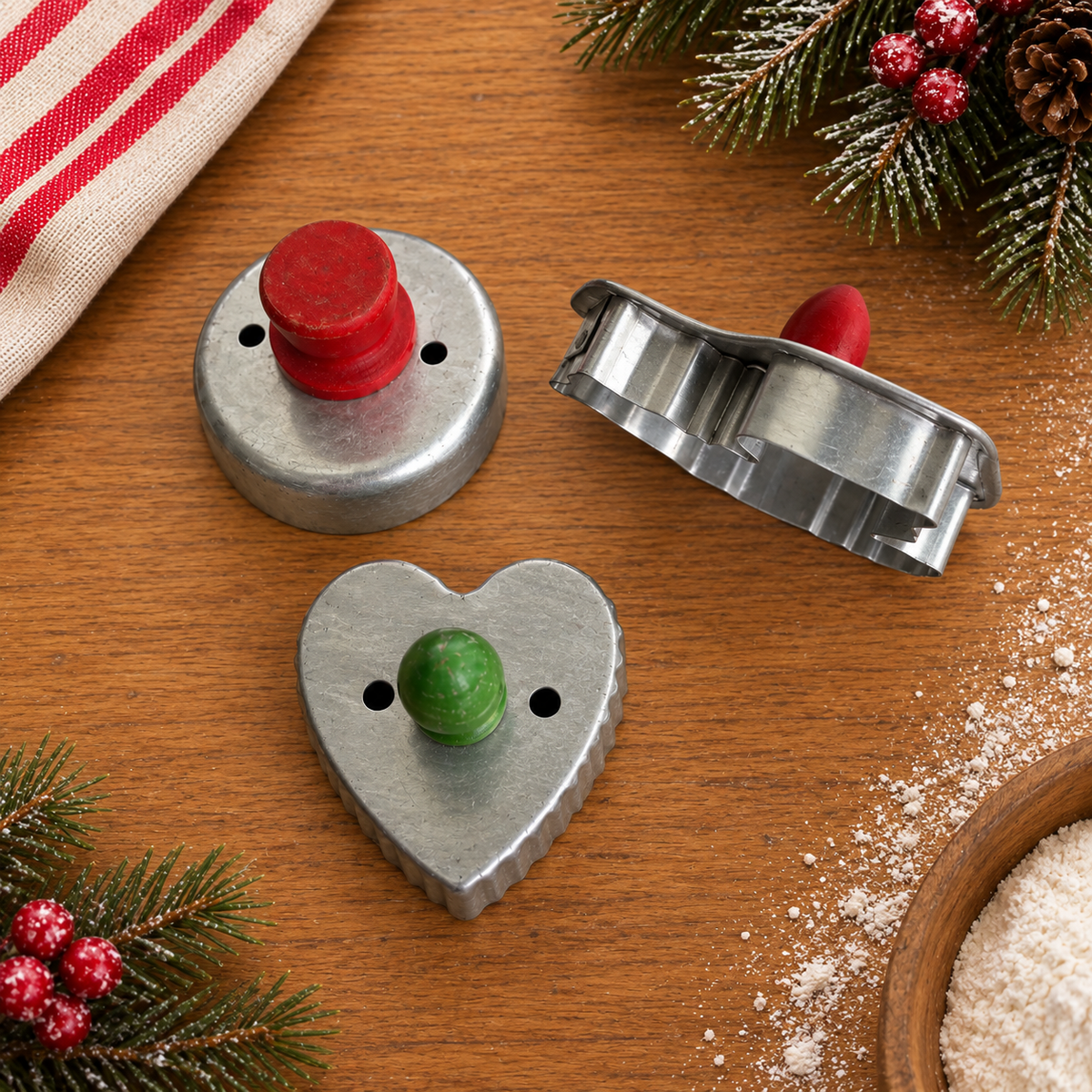3 Vintage Cookie Cutters, Santa Heart Round with Wooden Handles, 1960s