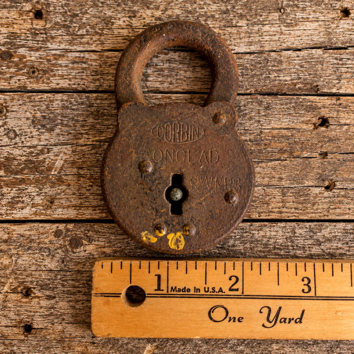 3 Vintage Padlocks, Rusty without Keys, Yale Corbin Heart 1930s