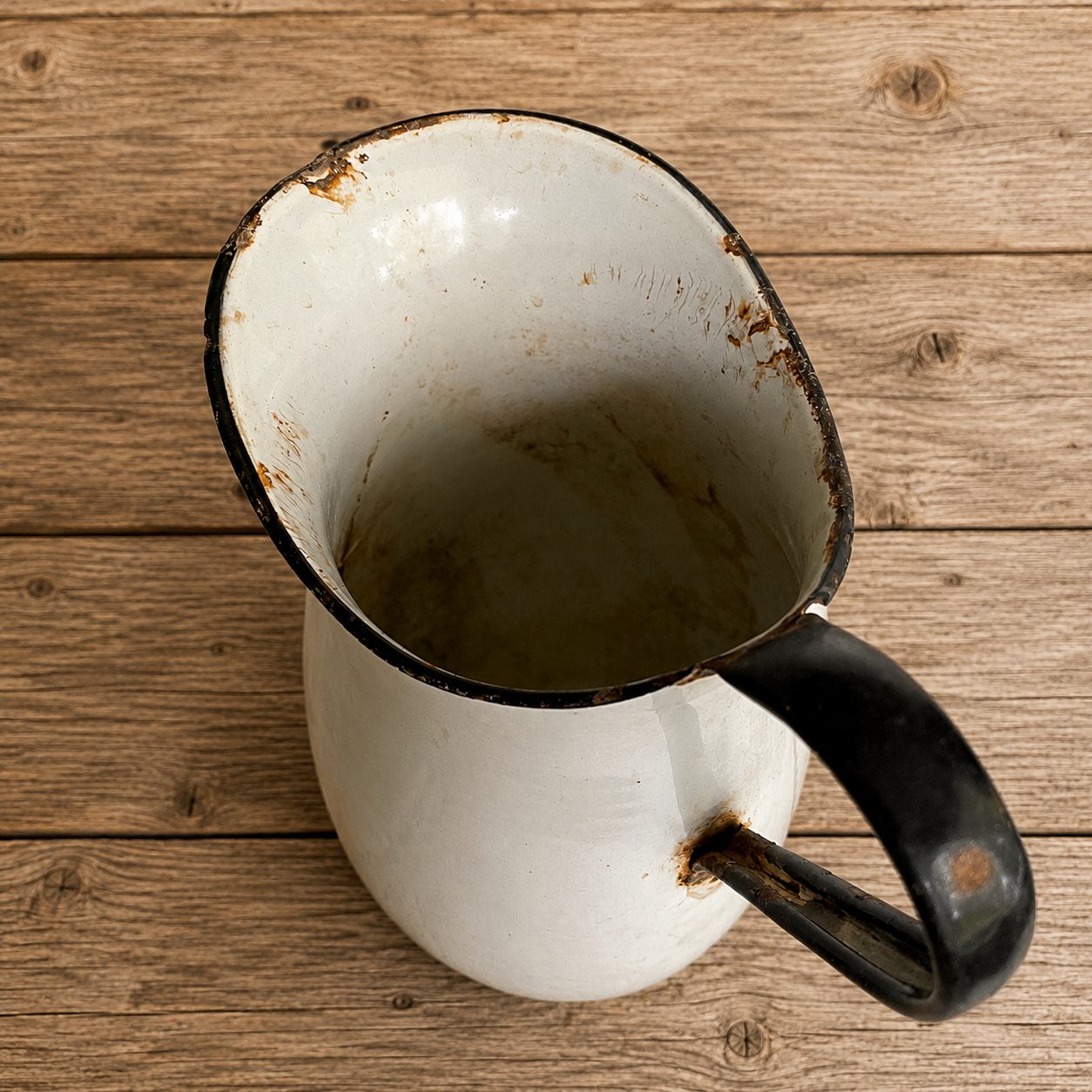 Large White Enamelware Pitcher with Black Handle and Trim 1930s