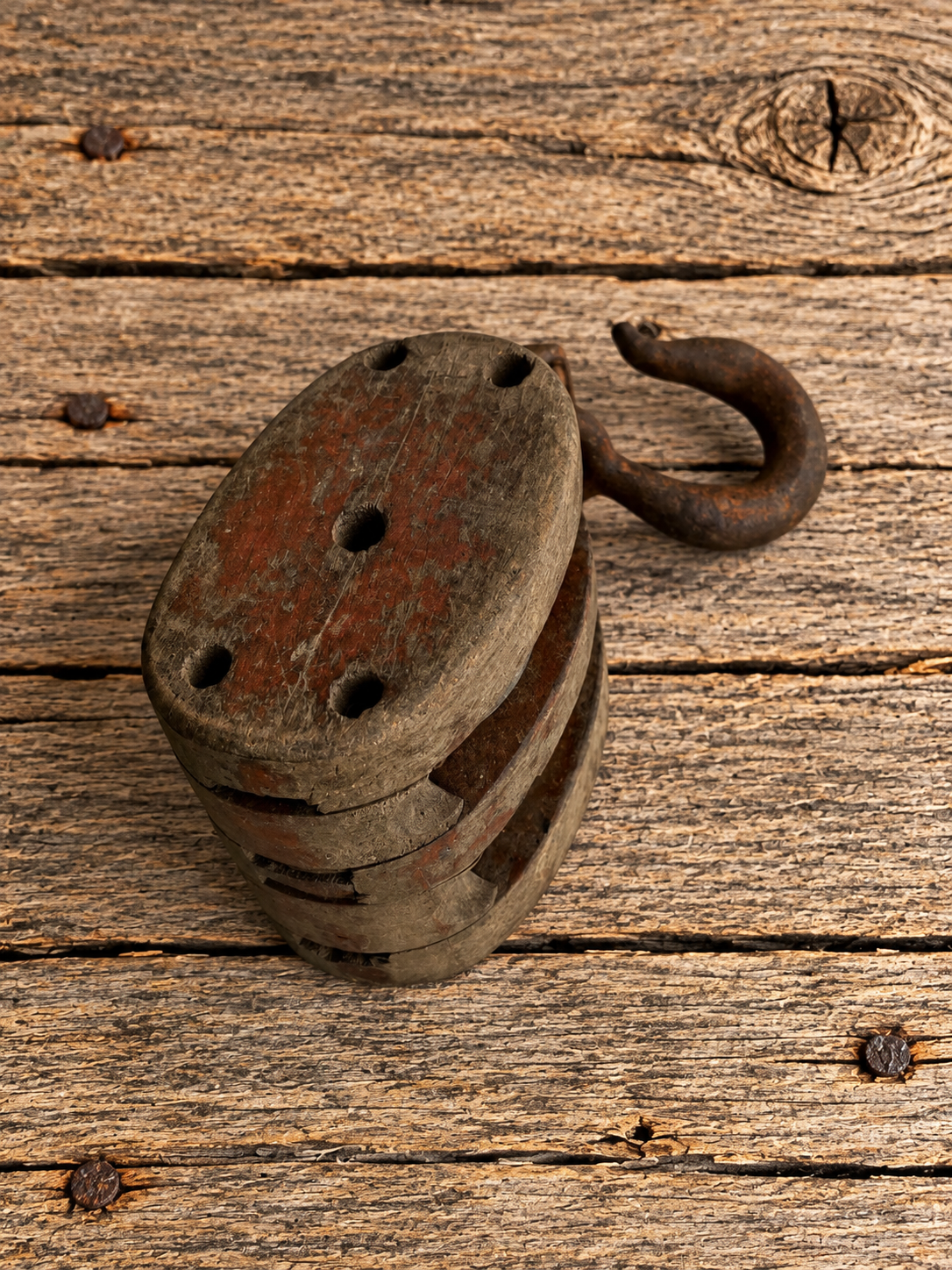 Double Barn Pulley with Hook, Cast Iron and Wood Barn Implement 1930s