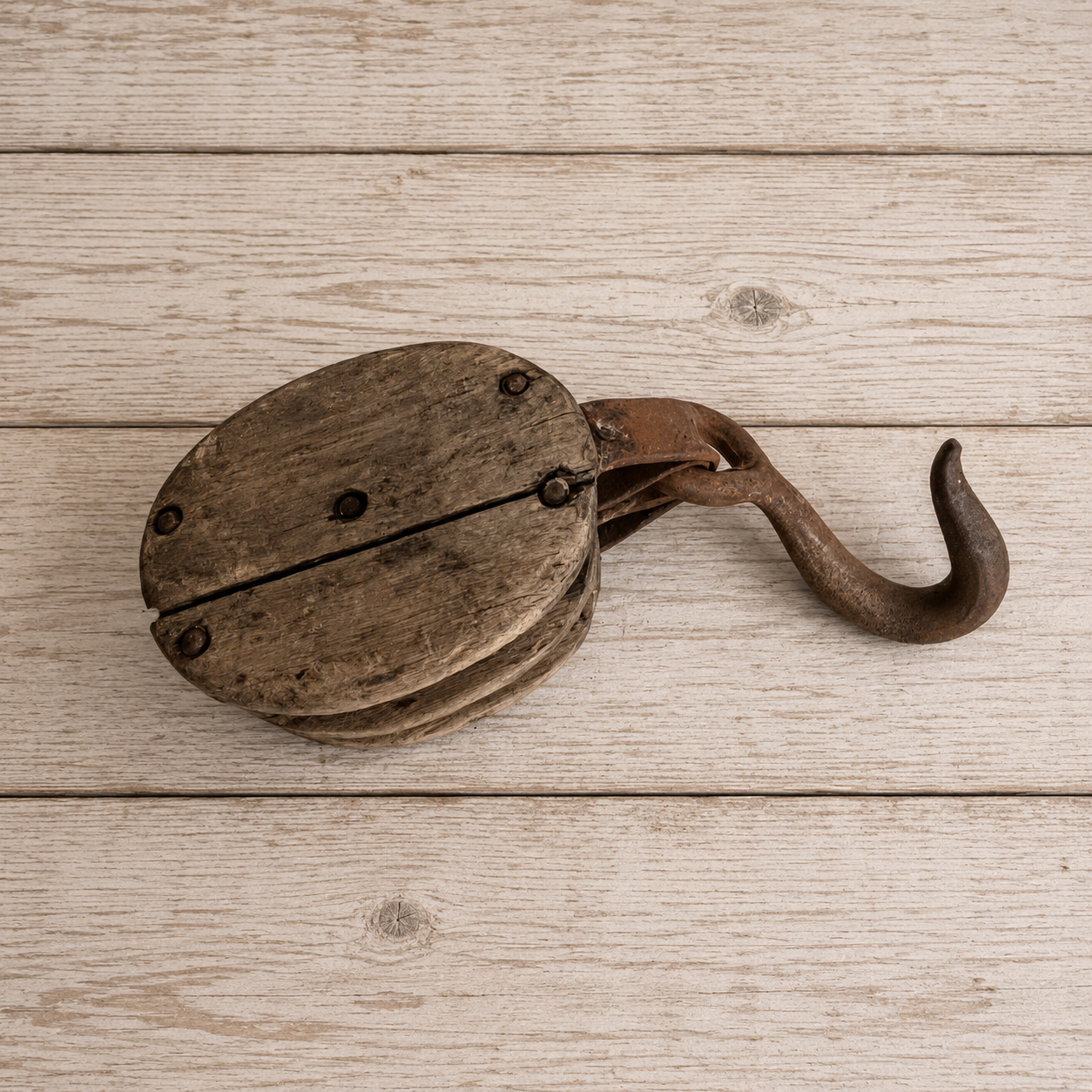 Double Barn Pulley, Rusty Iron and Wood Hook and Pulley 1930s